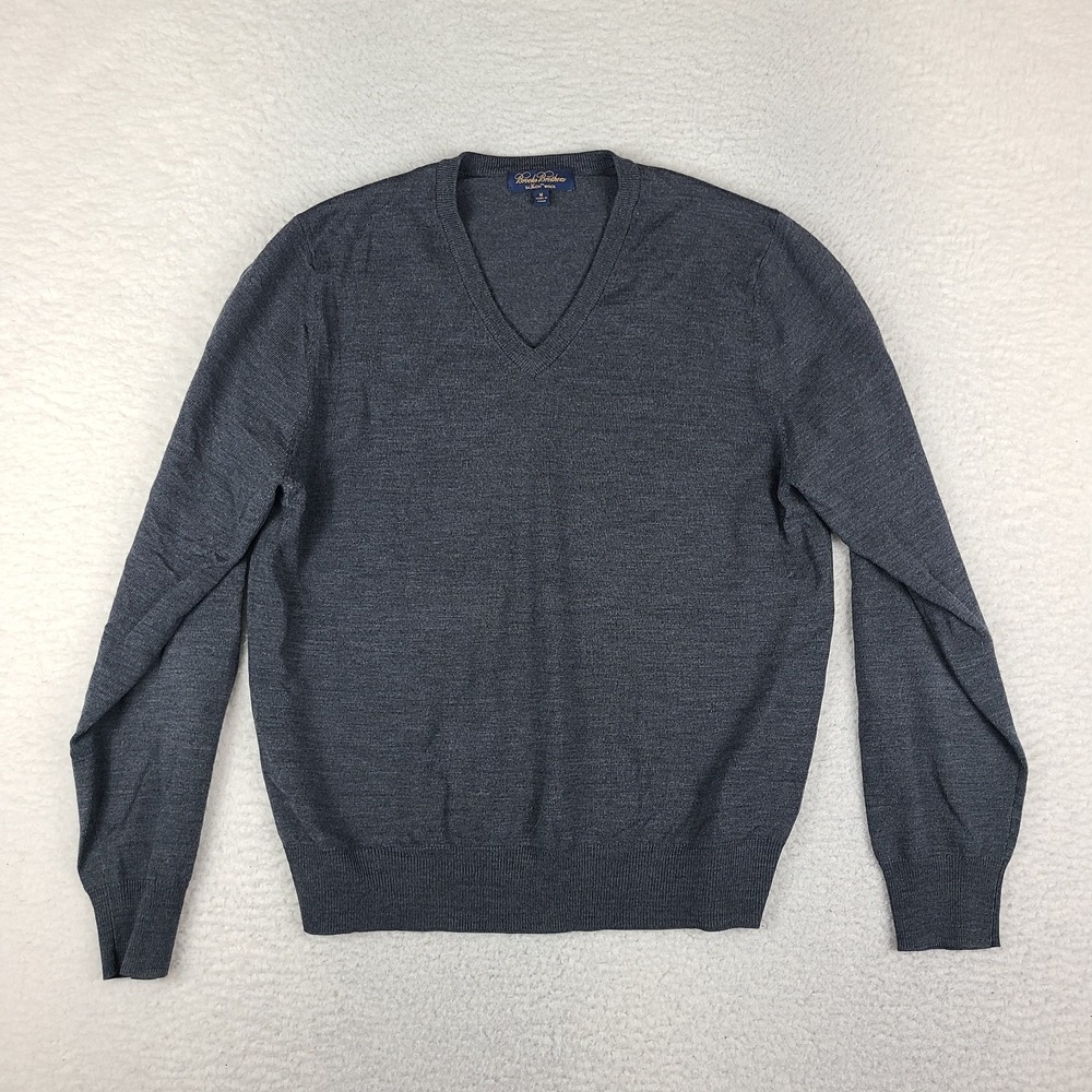 Brooks Brothers Sweater Mens Medium Dark Gray V Neck Saxxon Wool Sweatshirt *